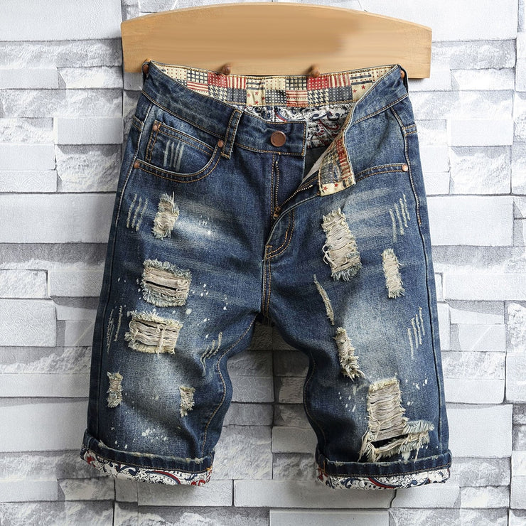 Retro Summer Men Ripped Denim Shorts Jeans Destroyed Hole Plus Size Fifth Pants Streetwear Summer Straight Denim Ripped shorts