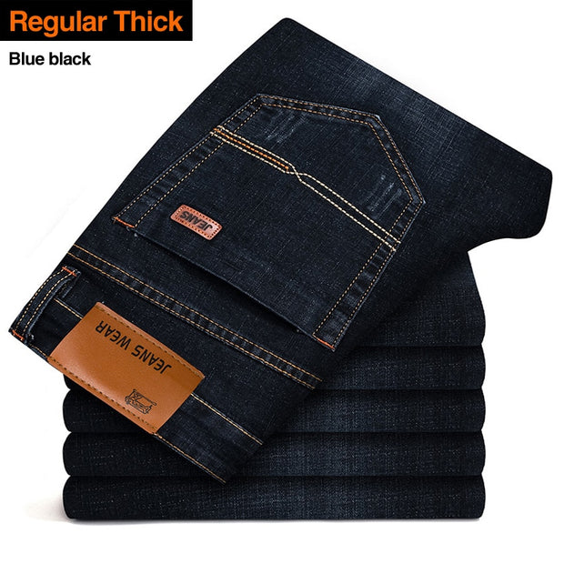 Brother Wang Men's Fashion Business Jeans Classic Style Casual Stretch Slim Jean Pants Male Brand Denim Trousers Black Blue