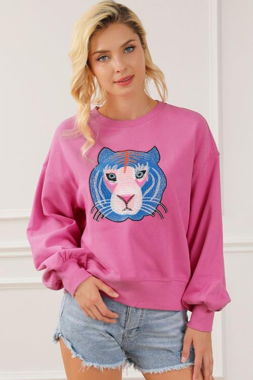 Tiger Embroidered Drop Shoulder Sweatshirt