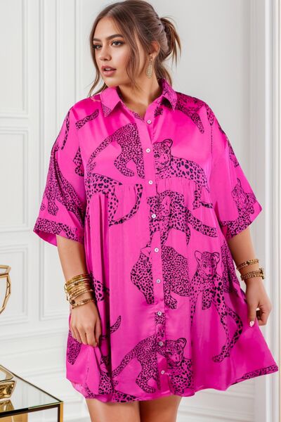 Plus Size Tiger Printed Button Up Half Sleeve Dress