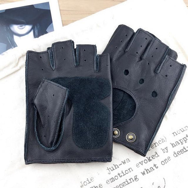 Winter Mens Genuine Leather Fingerless Gloves Black Half-Finger gym Workout - FIVE TIGERS 