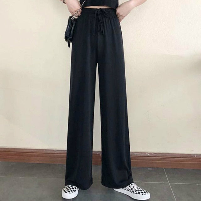 Women Pant Pure Black Lace-up Korean Style Loose Leisure High Waists
