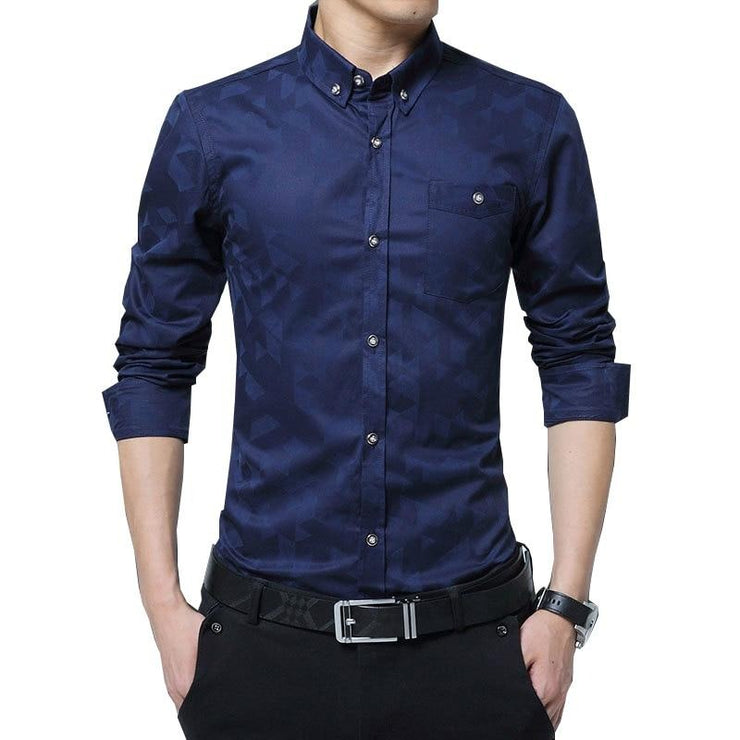 Men Shirt Long Sleeve Jacquard Weave Slim Fit Shirt