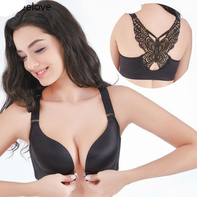 Plus Size Sexy Push Up women fashion Bra Front Closure Butterfly Brassiere Backless - FIVE TIGERS 
