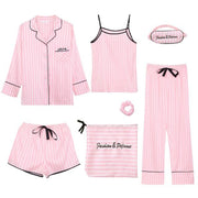Pink Women's 7 Pieces Pajamas Sets Faux Silk sleepwear - FIVE TIGERS 