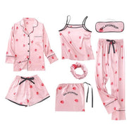 Pink Women's 7 Pieces Pajamas Sets Faux Silk sleepwear - FIVE TIGERS 