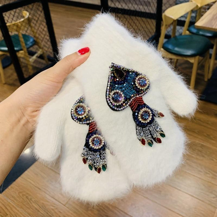 Women Fashion Gloves Winter Crystal Octopus Rabbit Fur female - FIVE TIGERS 