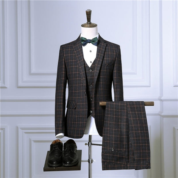 Men's Casual Business Plaid 3 Piece Suit Jacket Coat Trousers