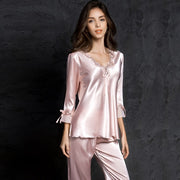 women Ice Silk Suit Long Sleeve silk pajamas