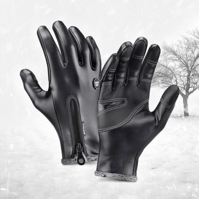 Men Women Warm Thermal Fleece Leather Gloves with Zipper