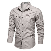 "2024s male overshirt: Military-inspired, crafted from durable cotton.