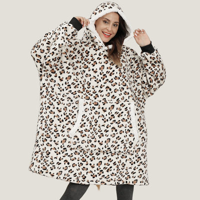 Women Leopard Fleece Blanket Hoodie Sweatshirt