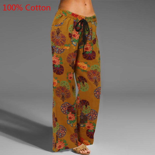 Women Vintage Wide Leg Pants 2021 Autumn Linen Palazzo Fashion