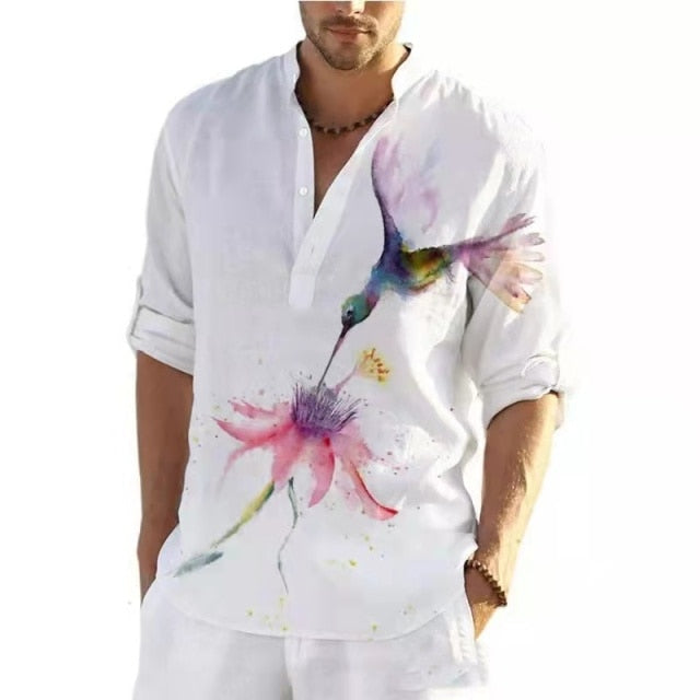 Mens Spring Summer Vintage Printed Long-sleeved Shirts