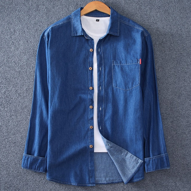 Blue denim shirts for men: Long sleeves, classic jean style.