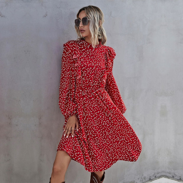 Women Fashion New Ruffles Heart Dot Print Dress