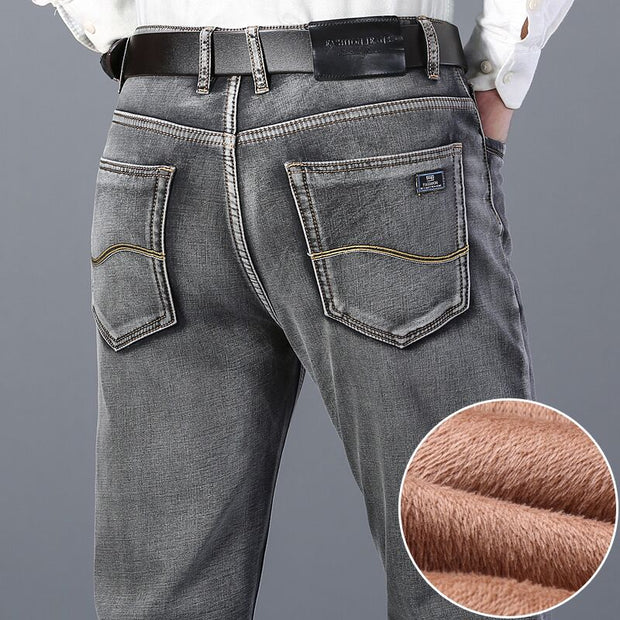 Men Warm Thick Gray Jeans Business Fashion Regular Fit Denim