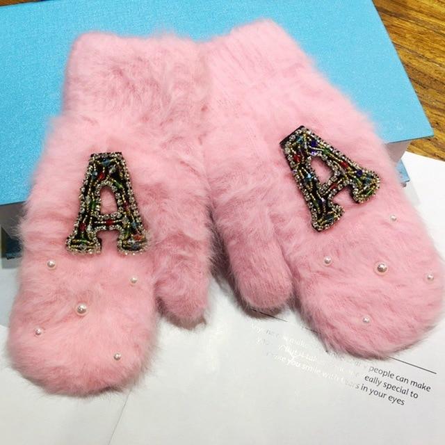 Women Winter Fashion Gloves Colorful Crystal Decoration Girls Rabbit Fur Gloves - FIVE TIGERS 